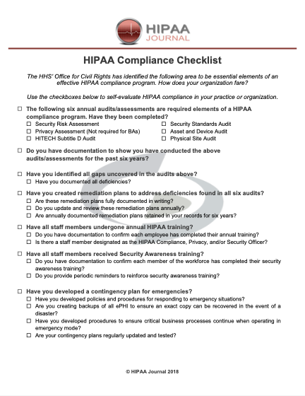 HIPAA Journal | HIPAA Compliance Checklist